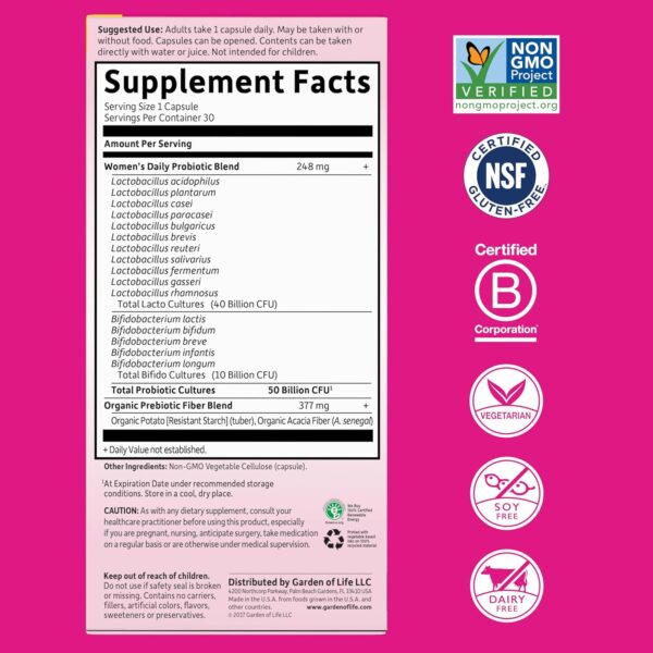 Garden of Life Once Daily Dr. Formulated Probiotics for Women 50 Billion CFU 16 Probiotic Strains with Organic Prebiotics for Digestive, Vaginal & Immune Health, Dairy Free, Shelf Stable 30 Capsules - Image 5