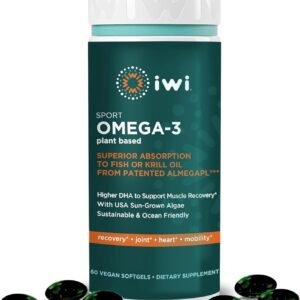 Iwi Omega-3 Sport, 60 Softgels (30 Servings), Plant-Based Vegan Algae Omega 3 with DHA, Exercise Recovery Support Dietary Supplement, Krill & Fish Oil Alternative, No Fishy Aftertaste