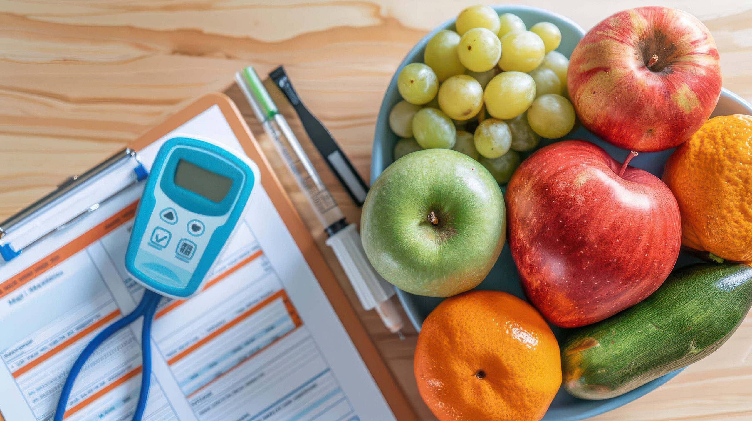 Diabetes glucose monitor, insulin pen, and clipboard next to a bowl of fresh fruit for nutrition management.