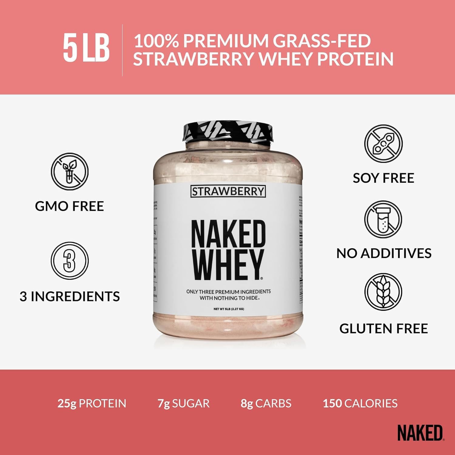 NAKED Strawberry Whey Protein - All Natural Grass Fed Whey Protein Powder + Dried Strawberries + Coconut Sugar- 5lb Bulk, GMO-Free, Soy Free, Gluten Free. Aid Muscle Growth & Recovery - 61 Servings - Image 4