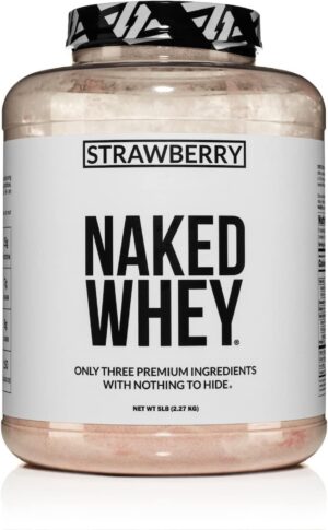 NAKED Strawberry Whey Protein - All Natural Grass Fed Whey Protein Powder + Dried Strawberries + Coconut Sugar- 5lb Bulk, GMO-Free, Soy Free, Gluten Free. Aid Muscle Growth & Recovery - 61 Servings
