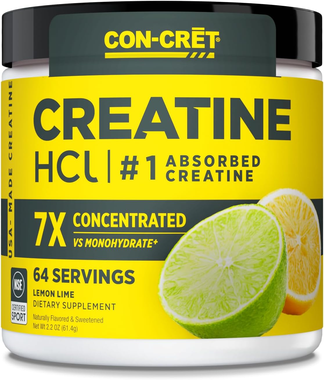 CON-CRET Creatine HCl Powder | Muscle, Cognitive, Cellular Energy Support | No Bloating or Cramps | USA Made & NSF Certified | Lemon Lime (64 Serving)