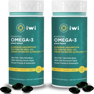 Iwi Omega-3 Essential, 60 Softgels (60 Servings), Plant-Based Algae Omega 3 with EPA + DHA, Brain, Heart & Immune Support Dietary Supplement, Krill & Fish Oil Alternative, No Fishy Aftertaste