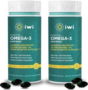 Iwi Omega-3 Essential, 60 Softgels (60 Servings), Plant-Based Algae Omega 3 with EPA + DHA, Brain, Heart & Immune Support Dietary Supplement, Krill & Fish Oil Alternative, No Fishy Aftertaste