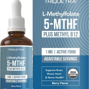 Organic Methyl Folate 1000 mcg + Methyl B12 Cofactor (300 Servings) – Metabolically Active 5-MTHF Form, Organic Berry Flavor, Liquid Sublingual Form – Mood, Cognition, Methylation, Pregnancy (1oz)