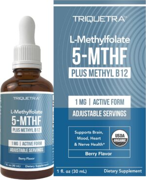 Organic Methyl Folate 1000 mcg + Methyl B12 Cofactor (300 Servings) – Metabolically Active 5-MTHF Form, Organic Berry Flavor, Liquid Sublingual Form – Mood, Cognition, Methylation, Pregnancy (1oz)